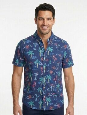 Chubbies Neon Light Button Shirt Men Size M Flamingos Cocktail Drinks Palm Trees